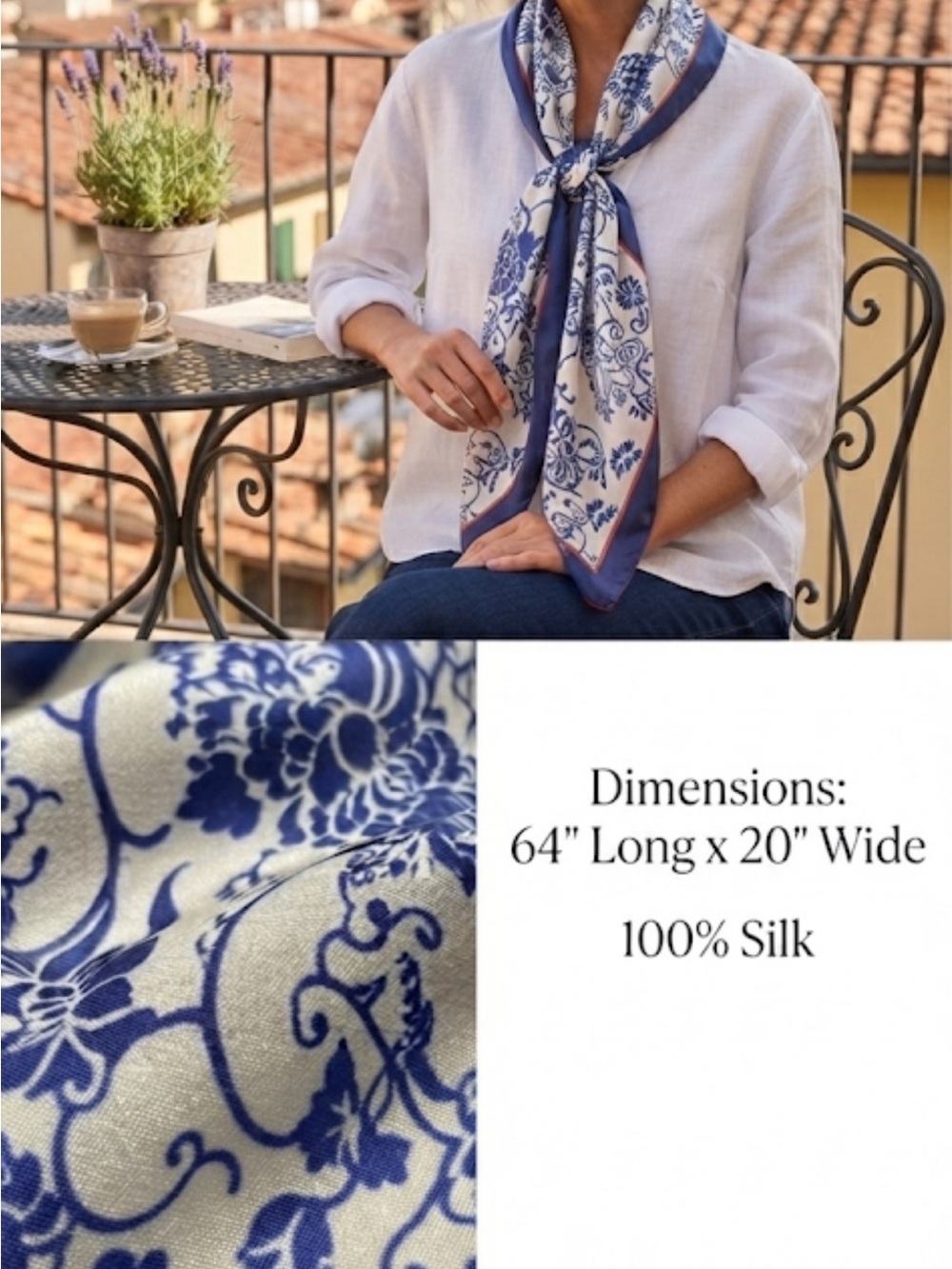 100% Silk Blue and White Floral Scarf with Navy Trim Made in China